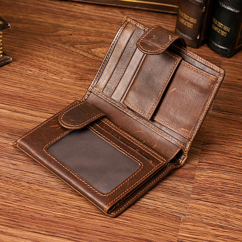 

OURONOK 2018 New Men's Crazy Horse Genuine Leather Cowhide Wallet Short Retro 2 fold Buckle Men Credit Business Card Purse