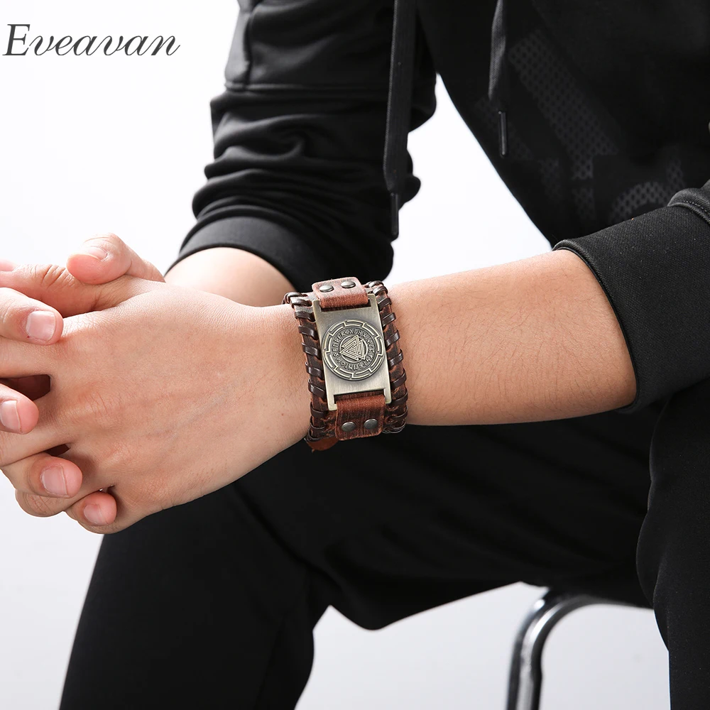 

EUEAVAN 5pcs Metal Viking Valknut Symbol Charm Bracelet 24 Runes Amulet Black Brown Punk Genuine Leather Jewelry For Men