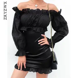 ZKYZWX с плеча сексуальное облегающее платье мини весна женские длинный рукав платья с оборками Street посылка бедра вечерние клуб летняя одежда