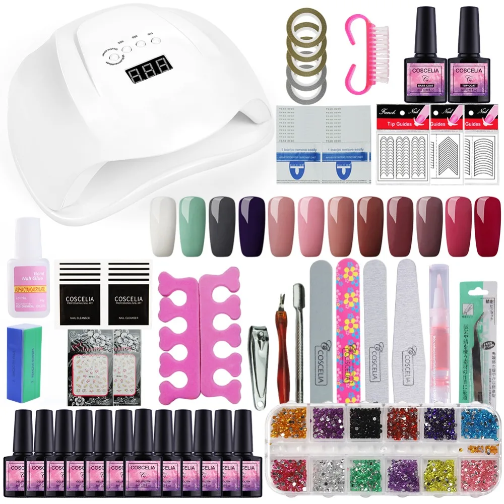 

54W UV LED Lamp Dryer With Manicure Tools 12pcs/Set Nail Gel Polish Set Sanding Nail File Art Nail Tools Kit Base Top Coat