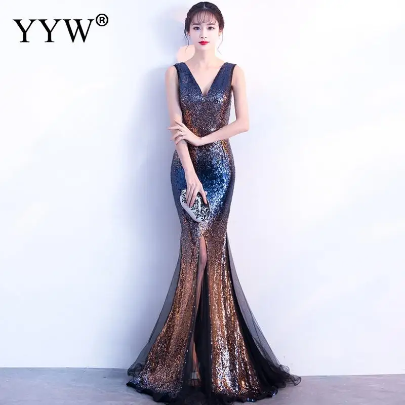 

Luxury Sequined Mesh Long Evening Dress Women V Neck Gradient Backless Mermaid Dress Ladies Elegant Sleeveless Party Formal Gown