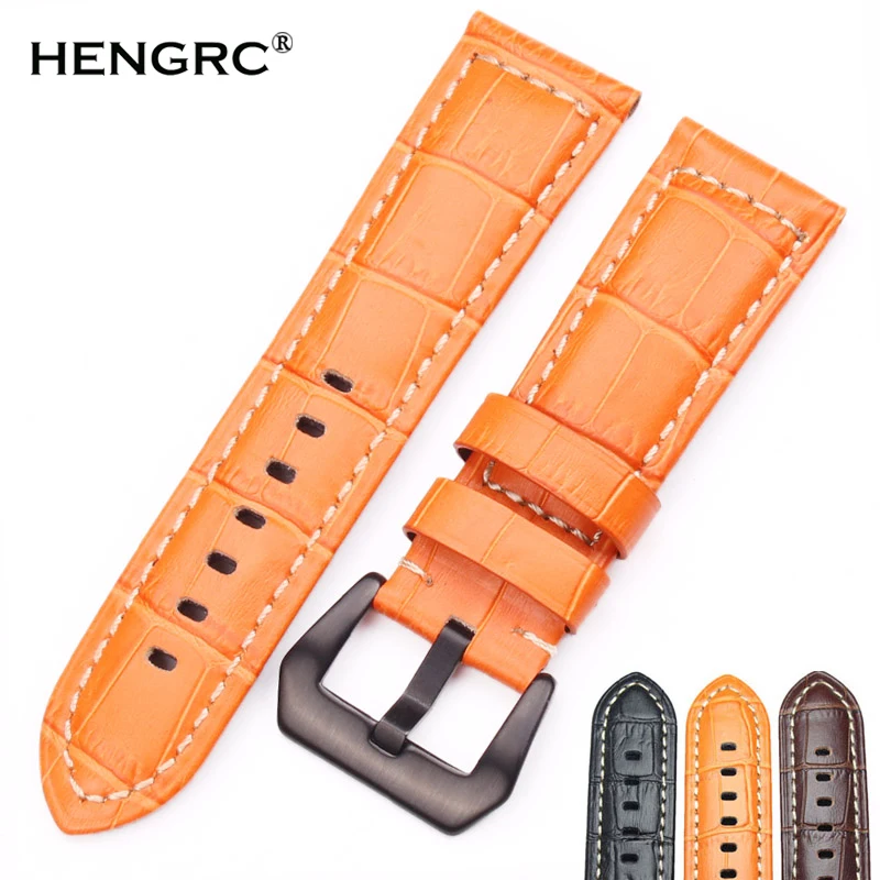 HENGRC Watchbands 22mm 24mm Men Brown Black Orange Thick Genuine Leather Watch Band Strap For Panerai Watch Accessories