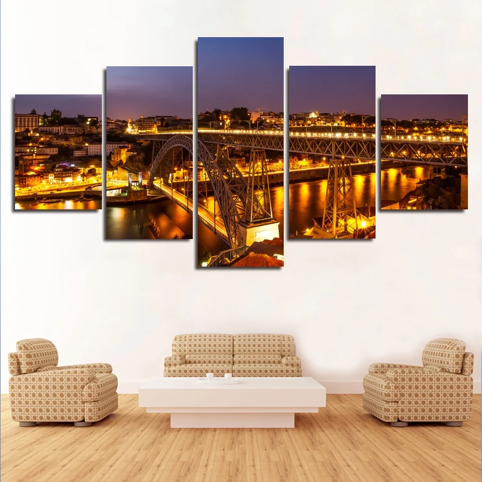Canvas Paintings Living Room Decor Pictures 5 Pieces Porto Bridge River Night City Landscape Posters Wall | Дом и сад