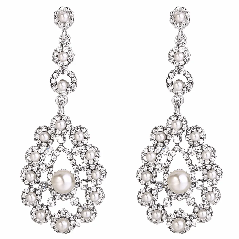 Bella Fashion Teardrop Simulated Pearl Bridal Earrings Austrian Crystal