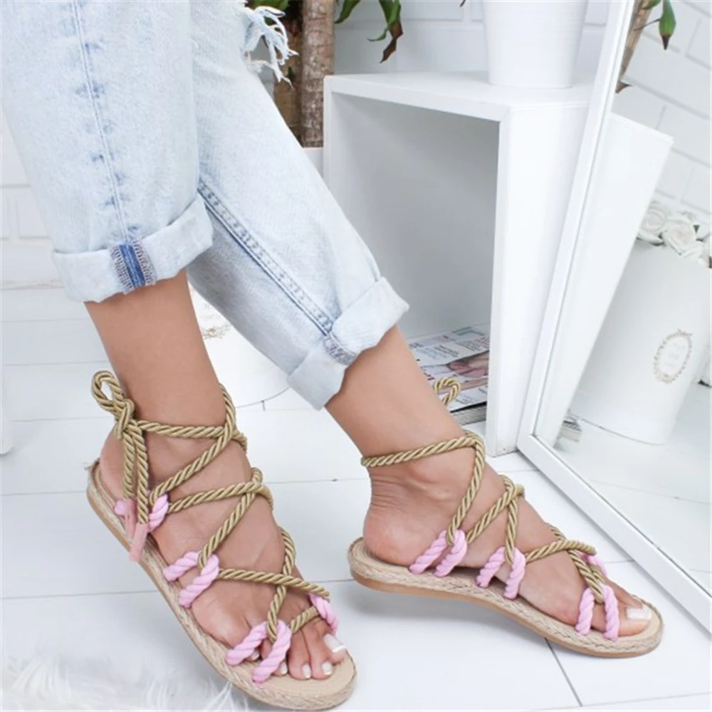 

Hemp Rope Women Shoes Boho Cross Tied Sandals Chaussures Femme Casuals Women Lace Up Sandals