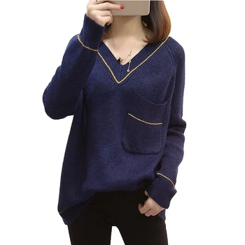 

Plus size 4XL Knit Sweater Women 2019 Autumn Winter V-neck Long sleeve Pullover Female Large size Bottoming shirt Blue Sweaters