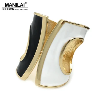 

MANILAI Black mix White Oil-spot glaze Punk Big Cuff Bracelets Women Statement Bangles Bracelets Gold Color Tone Alloy Jewelry