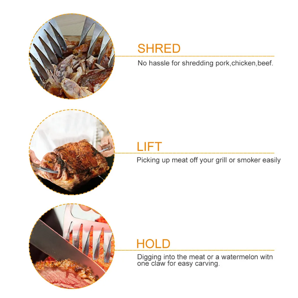 2 Pcs Wooden Handle Stainless Steel Bear Meat Claws Barbecue Fork Tongs Pull Meat Shred Roasting Fork BBQ Set Tool