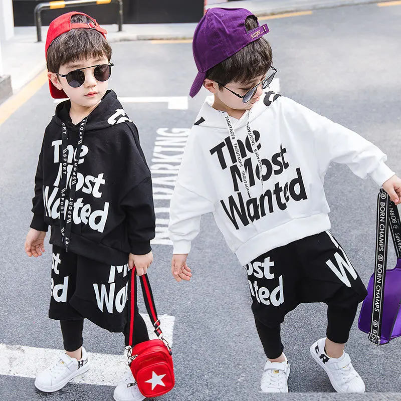 

Spring Autumn boys 2 pcs set baby hooded sweatshirt + pants kids suit children streetwear big letter tape 2 to 7 yrs