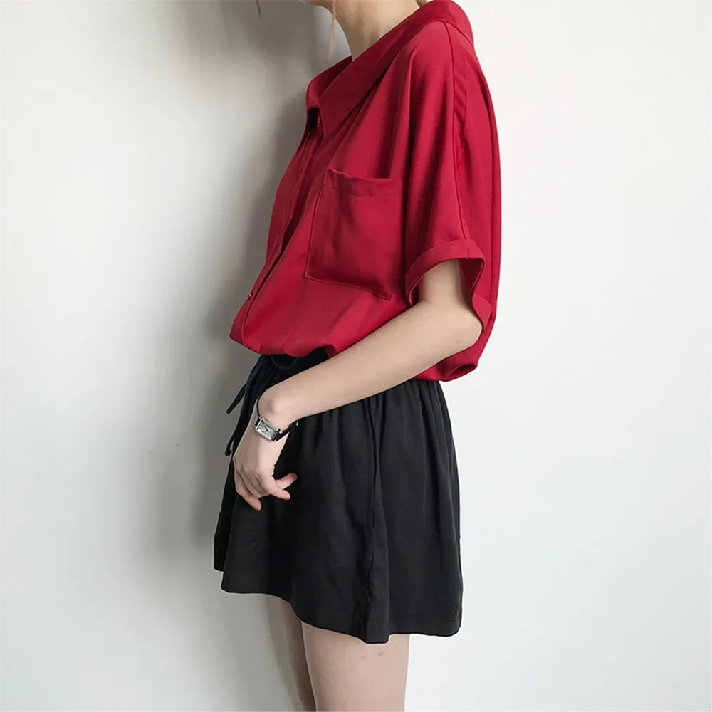 High quality Red Chiffon Wide neck Loose Shirt Office Top 2018 Working Women Blouse Shirt Half Loose Sleeve Summer Elegant top (13)