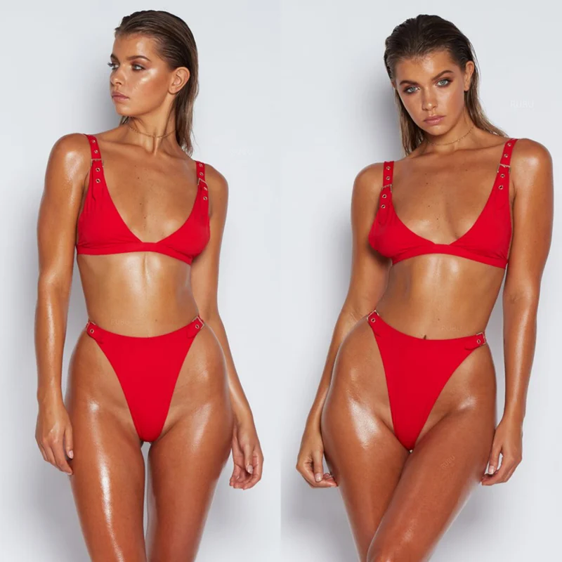 

2019 New Summer Women Solid Bikini Set Buttonhole adjustable Bra Swimsuit Swimwear Triangle Bather Suit Swimming Suit biquini