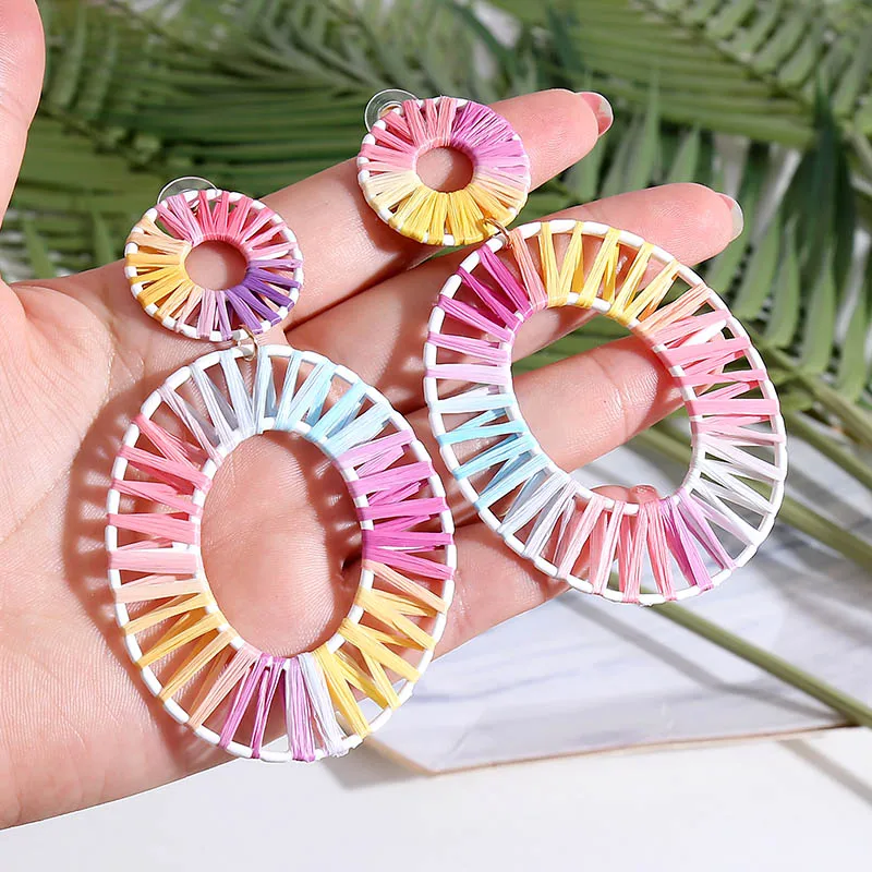 

Vintage Round Handmade Statement Lafite Drop Earrings For Women 2019 Boho Geometric Multicolor Weave Raffia Earring Jewelry Gift