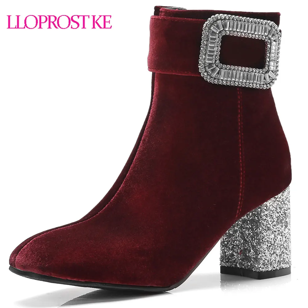 

Lloprost ke 2018 Big Size Suede Ladies Black Block High Heel Bootie Shoes Autumn Footwear Zipper Rhinestone Ankle Boots Women