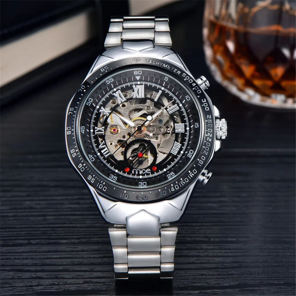 MCE Fashion brand Men Skeleton Mechanical Watch Stainless Steel Hand Wind Watches Transparent Steampunk Montre Homme