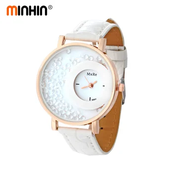 

MINHIN Women Quartz Watch Ladies Leather Strap Bracelet Quicksand Rhinestone Wristwatch Relogios Feminino Luxury Gift Watch