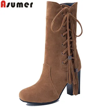 

ASUMER 2020 fashion autumn winter boots women round toe zip mid calf boots flock cross tied thick high heels boots ladies shoes