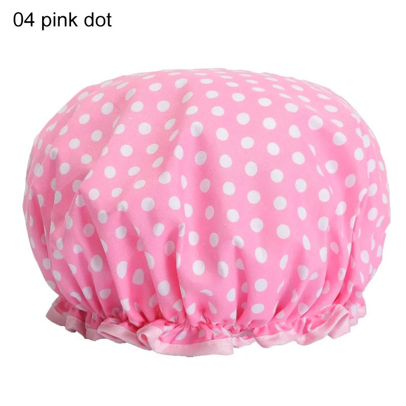 04 pink dot Аксессуары для ванной комнаты двухслойная шапочка для душа с принтом в горошек женские принадлежности водонепроницаемая шапочка для ванной шифоновая шапочка для душа 1 шт - Цвет: 04 pink dot