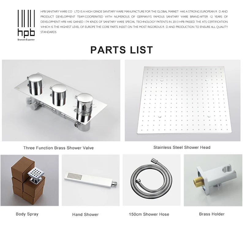 HPB luxury 20inch 50x50cm stainless steel shower head bathroom thermostatic mixer rain shower set ceiling mounting 009-20W-F