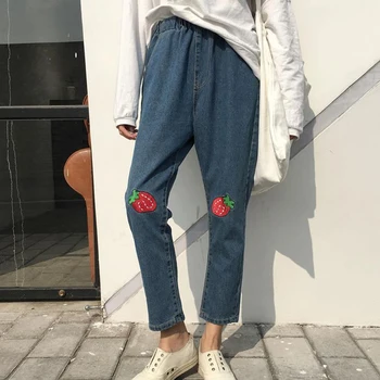 

Women Jeans 2018 spring and summer women's ankle-length pants Harajuku Strawberry embroidery girl's casual harem pants