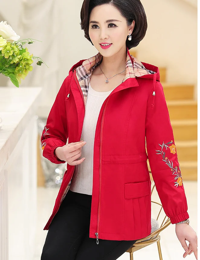 Женщины среднего возраста ветровка весна осень куртка пальто с капюшоном на молнии размера плюс 5XL Повседневная Вышивка Верхняя одежда и пальто T436