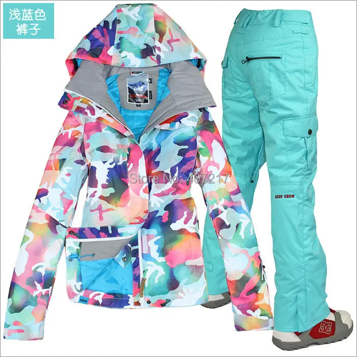 Женский термальный лыжный костюм, женский костюм для верховой езды, сноубординга, лыжная одежда, камуфляжная Лыжная куртка и зеленые лыжные штаны, водонепроницаемый, 10K