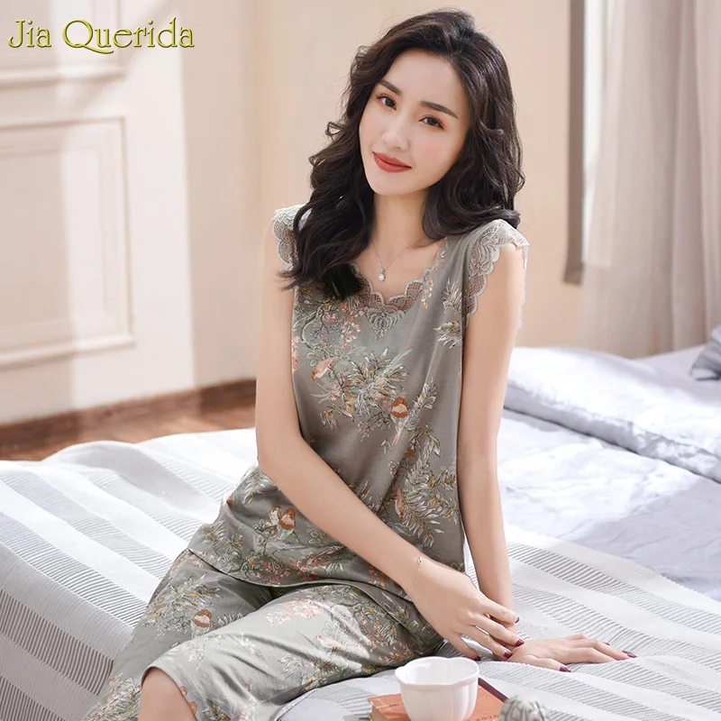 Женская пижама размера плюс, серая элегантная Домашняя одежда с цветочным рисунком, чистый хлопок, Кружевная аппликация, летний короткий женский пижамный комплект