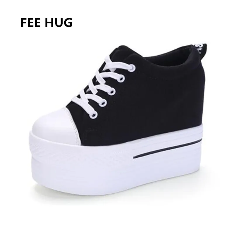 

FEE HUG Spring Platform Flats Casual Shoes Women 2018 Fashion Increased Heels Canvas Sneakers Shoes Female Lace Up Student Shoes