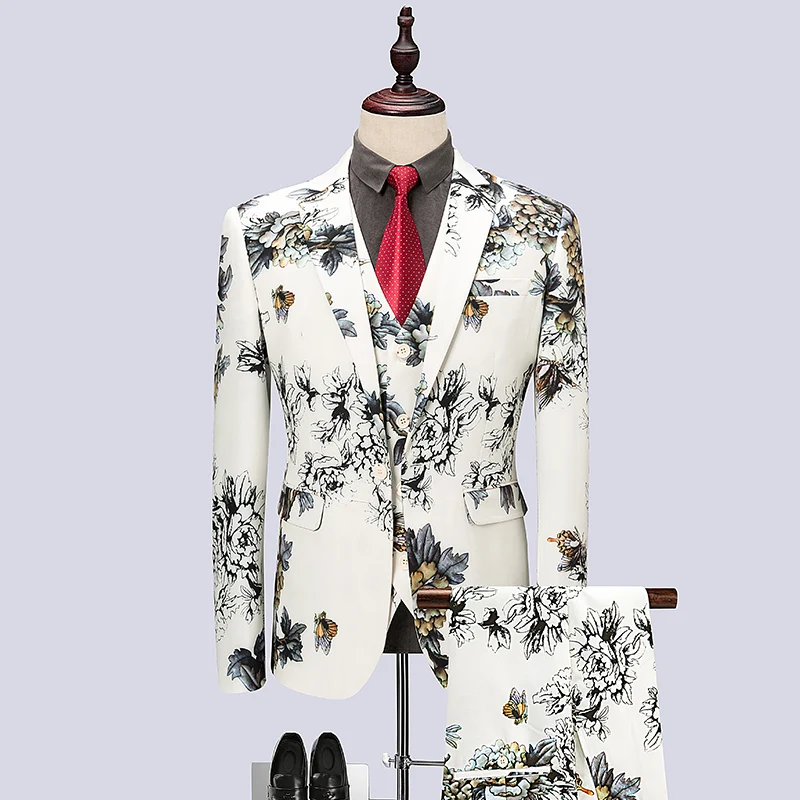 

2019 New Brand Printing Men Suits Wedding Business Blazers Slim Fit Male Suits Tuxedos Prom Groom Party Suit Jacket+Pants+Vest