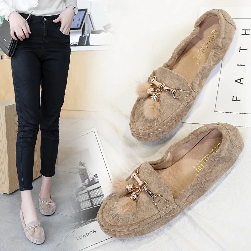 

Big size 35-42 round toe flats lazy sewing soft flock moccasins women foldable fur tassel decorate creepers lady pregnant shoes