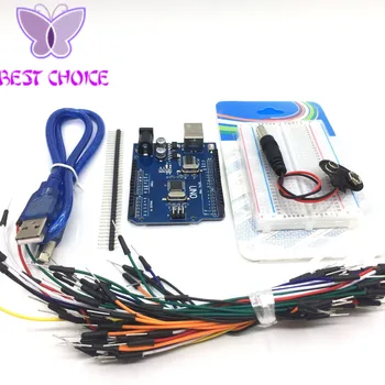 

Starter Kit for arduino Uno R3 - Bundle of 5 Items: Uno R3, Breadboard, Jumper Wires, USB Cable and 9V Battery Connector