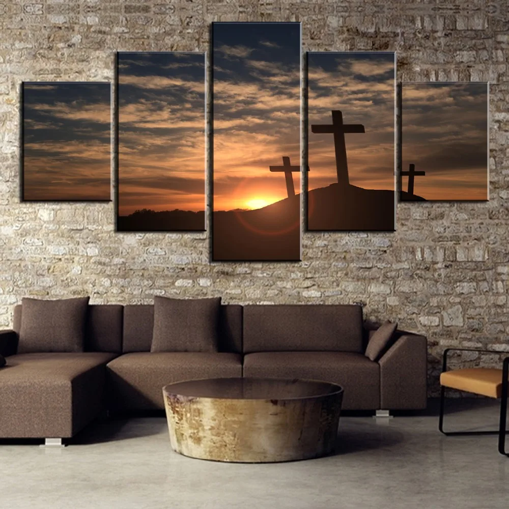 

HD Print Painting 5 Pieces Three Crosses At Sunset Painting For Modern Decorative Bedroom Living Room Home Wall Art Decor