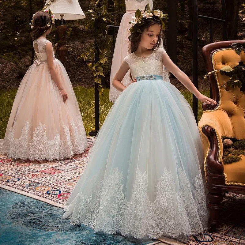 

New Puffy Tulle Girls Dress for Wedding Lace Applique with Beaded Sash Girls Birthday Dress Pageant Prom Gown Custom Made Size
