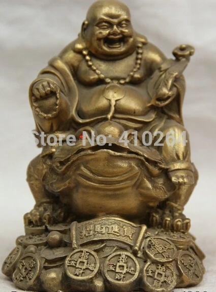 

0116P old craft Fast shipping 5" Chinese Brass Folk sit Toad Happy Laugh Maitreya Buddha money Yuan Bao Statue (A0314)