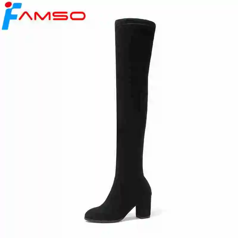 

FAMSO 2018 New Arrival Women Slip-on Boots Designer Fashion Autumn Party Boots Thick Heels Winter Over the knee Boots Shoes