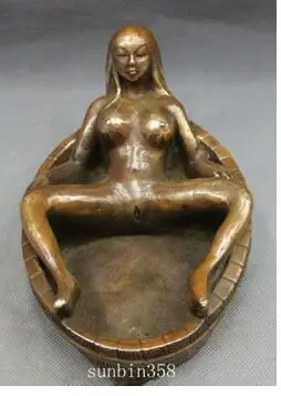 

collecting OLD copper decoration bronze factory 8" Interesting Chinese Copper Art Collect Recumbent Belle Statue Ashtray