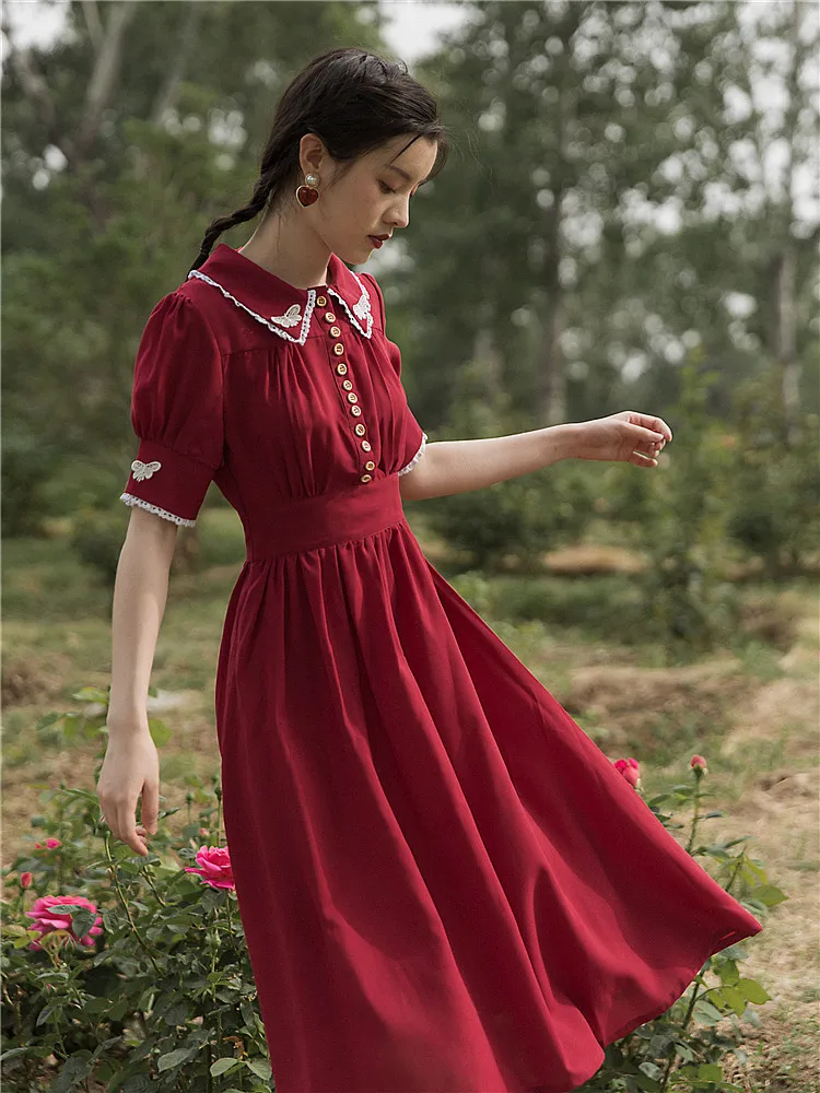 Милое бордовое шифоновое платье для стройной Леди Ретро Винтаж отложной воротник короткий рукав лето Mori Girl длинные платья Vestidos