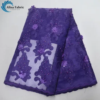

Purple 3D Applique Lace African Mesh Lace Fabric With Stones French Lace Fabric Embroidery Lace With Bead For Ladies Long Dress