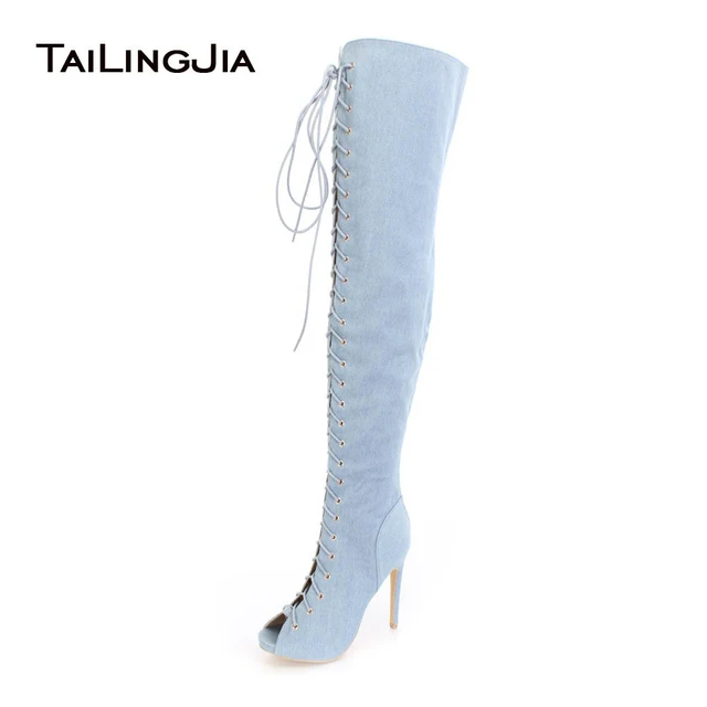 $US $81.69 Women Peep Toe Over the Knee High Denim Boots Lace up Sexy High Heel Thigh High Boots Jeans Long Boots with Zipper Large Size