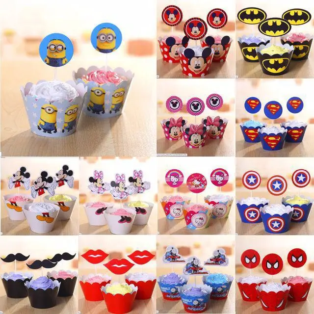 

Cake Toppers Mickey Minnie Mouse Hello kitty Love Spiderman Batman Lips Train Happy Birthday Cake cupcake Topper Wrappers Baby
