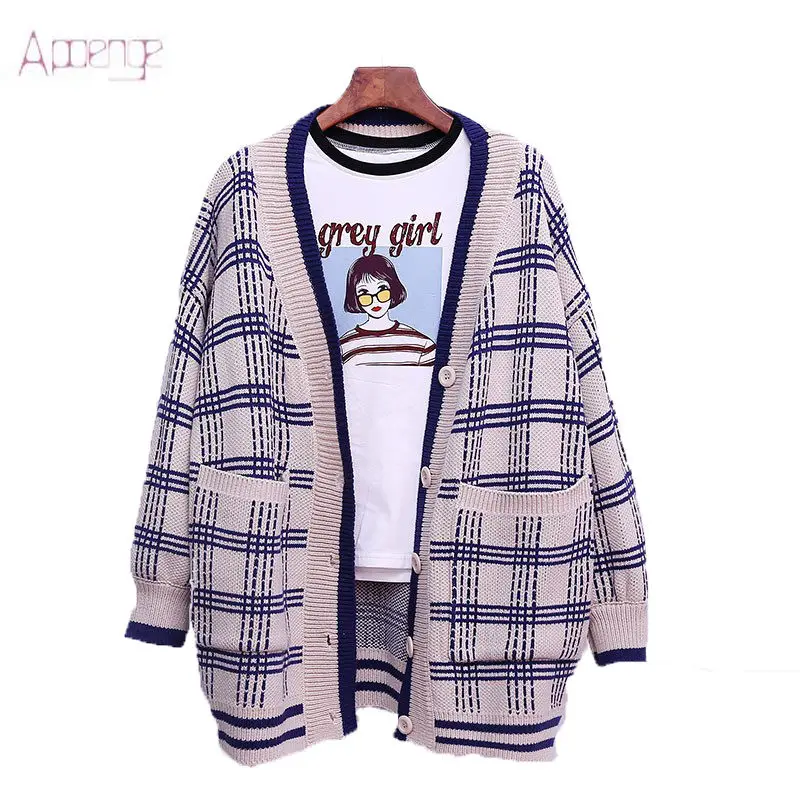 Spring and Autumn 2019 New Women's V-neck Plaid Sweater Korean Loose Long-sleeved Small Fresh Cardigans YP133 |