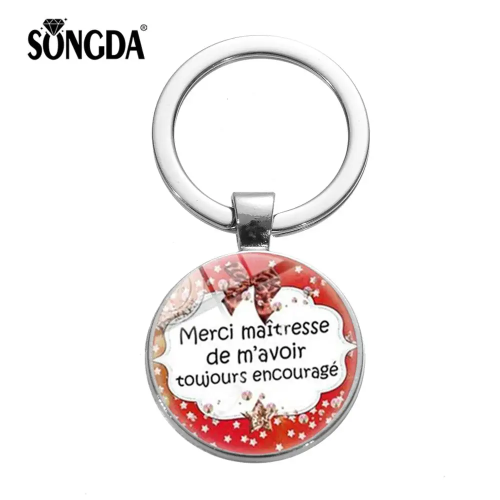 

SONGDA Fashion Teacher Gift Merci Mistress Keychain Thanks Mistress Cute Cartoon Handmade Glass Pendant Men Women Charm Keyring