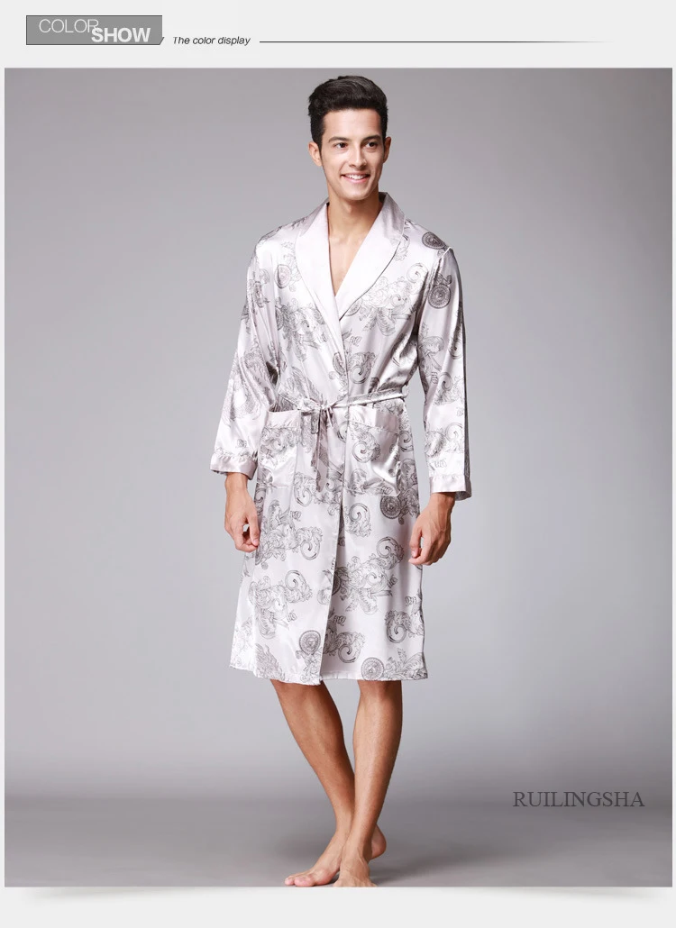 Мужская Осенняя новая одежда с длинными рукавами для пары мужской банный халат Шелковая пижама Мужская домашняя одежда с принтом дракона