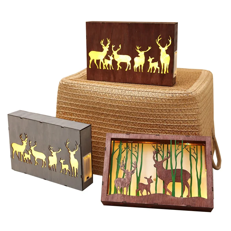 

2019 Newest Popular Light Boxes Desktop Night Wooden Framed Christmas Elk Papercut Nursery Room Bedroom Decorative Mood Light