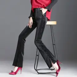 Зимние осенние модные женские элегантные черные Бархатные расклешенные брюки с высокой талией, зимние женские облегающие толстые теплые