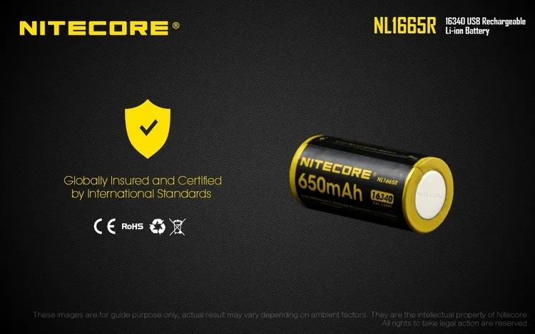 NITECORE NL1665R 650mAh 16340 CR123 встроенный микро-USB порт зарядки литий-ионный аккумулятор 3,6 V 2,34 WH высокая производительность