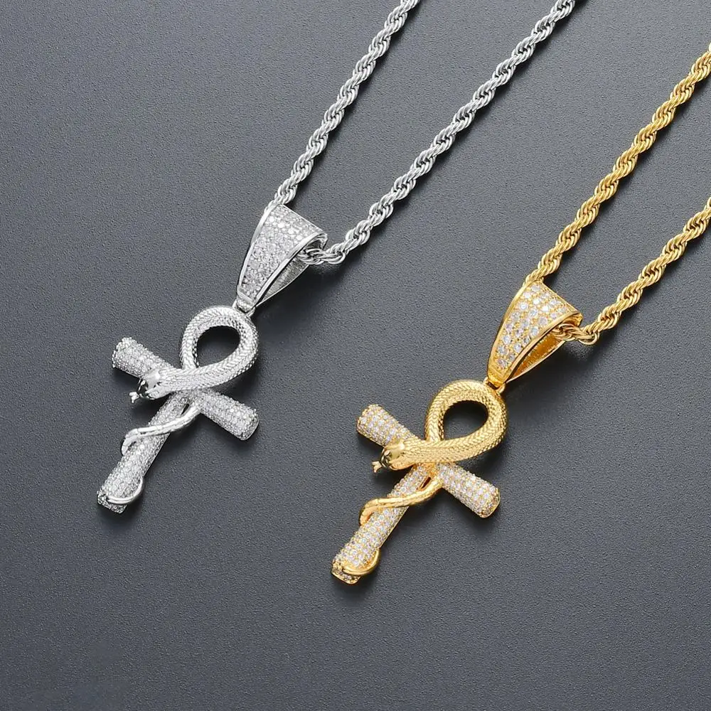 Men Hip hop iced out Egypt Ankh cross with snake pendant necklaces AAA Zircon male fashion pendants necklace Hiphop jewelry