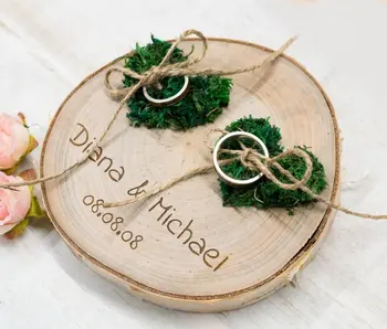 

personalize rustic Wedding moss hearts ring bearer pillow boxes Ring Holder nature tree wood slice For Engagement ring holders