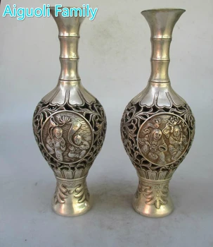 

Collectible 1 Pair of Chinese Ming/Qing Dynasty Decorated Old Openwork carving Tibet Silver Boy and Girl Vase/Antique Metal Vase