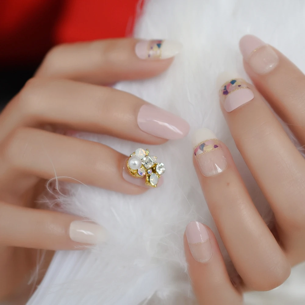 Розовые, белые, предварительно склеенные маникюрные ногти, большие стразы, драгоценные камни, роскошные ногти, Овальные, на заказ, наклейки для ногтей