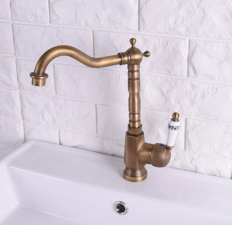 Vintage Retro Antique Brass Single Handle One Hole Bathroom Kitchen Basin Sink Faucet Mixer Tap Swivel Spout Deck Mounted msf114